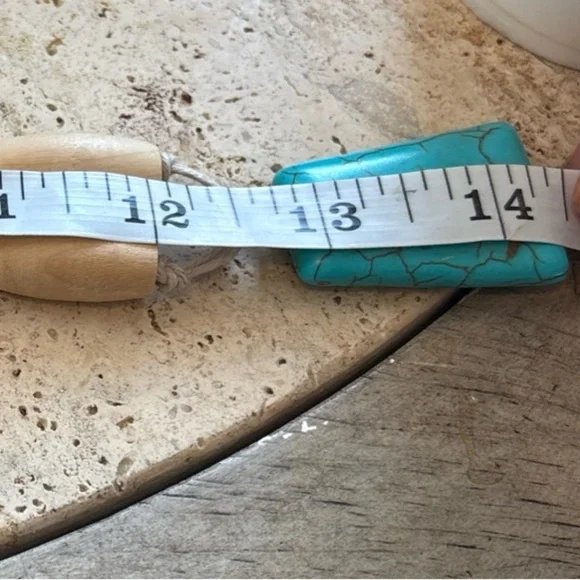 Turquoise Type Pendent Necklace Homemade Wooded Spools Corded Rope 14” Long - Picture 8 of 9